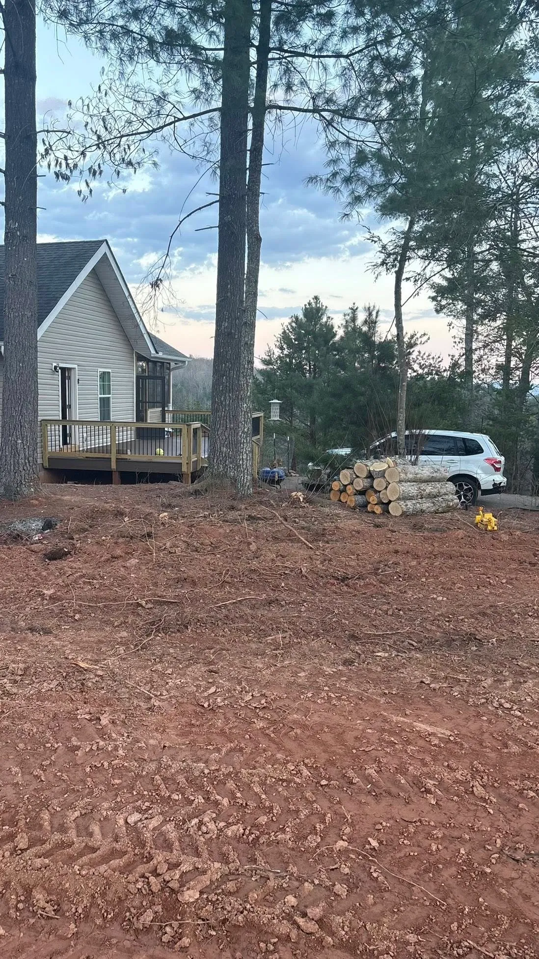 Cleared residential lot after stump removal, with logs stacked to the side